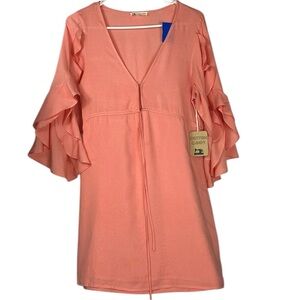NWTCOTTON CANDY ruffle sleeve pull tie bodice midi length lined dress Sz M Coral